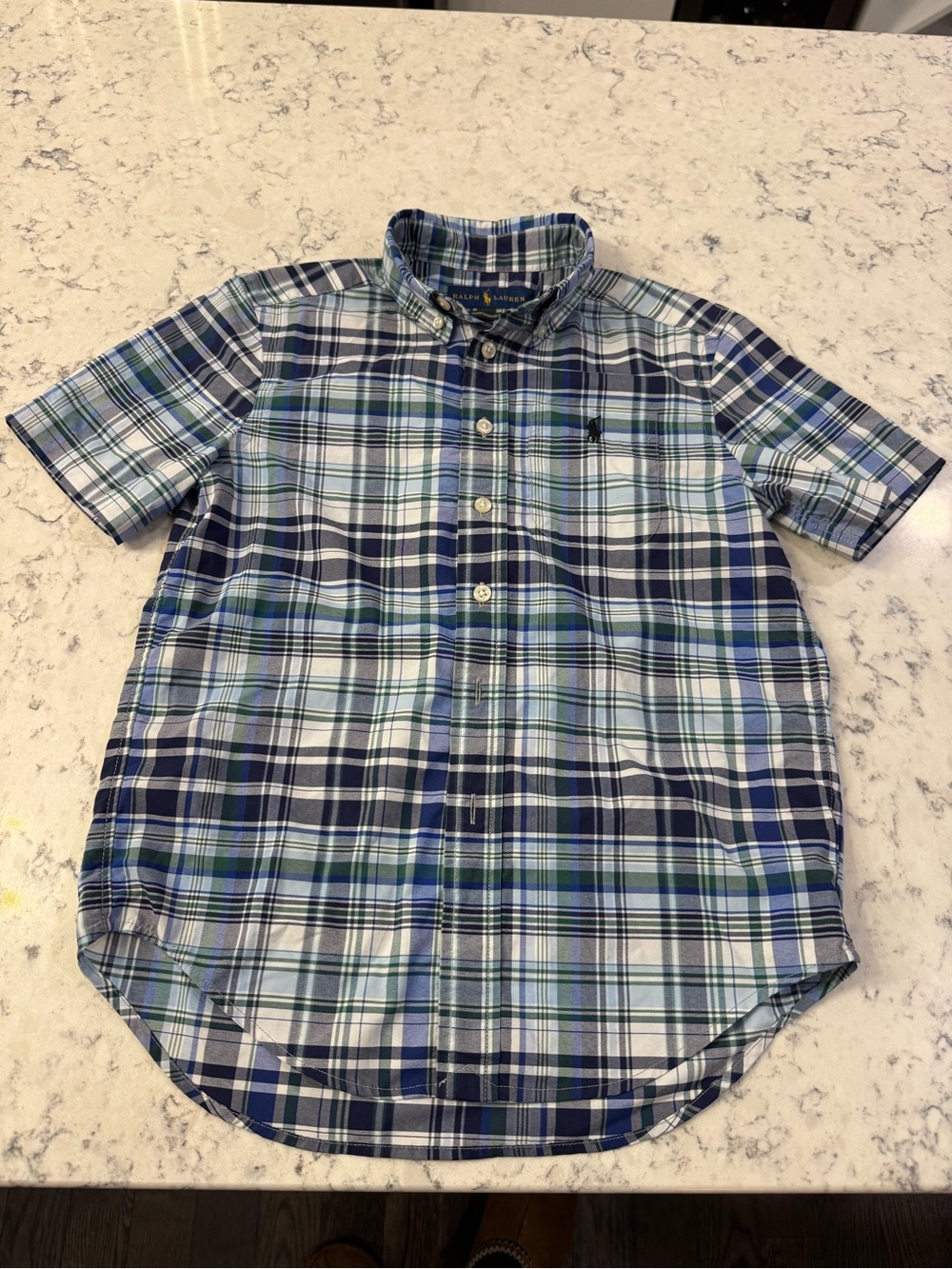 Ralph Lauren Boys Size 8 Short-Sleeve Blue and Green Plaid Shirt. Like New!